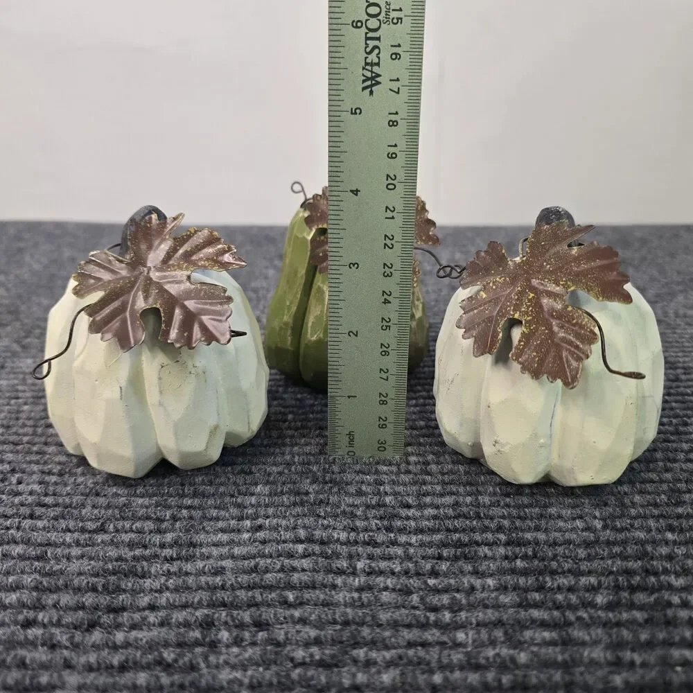 Set of 3 Small Pumpkins Fall Thanksgiving Home Decor Ceramic Decoration Leaves